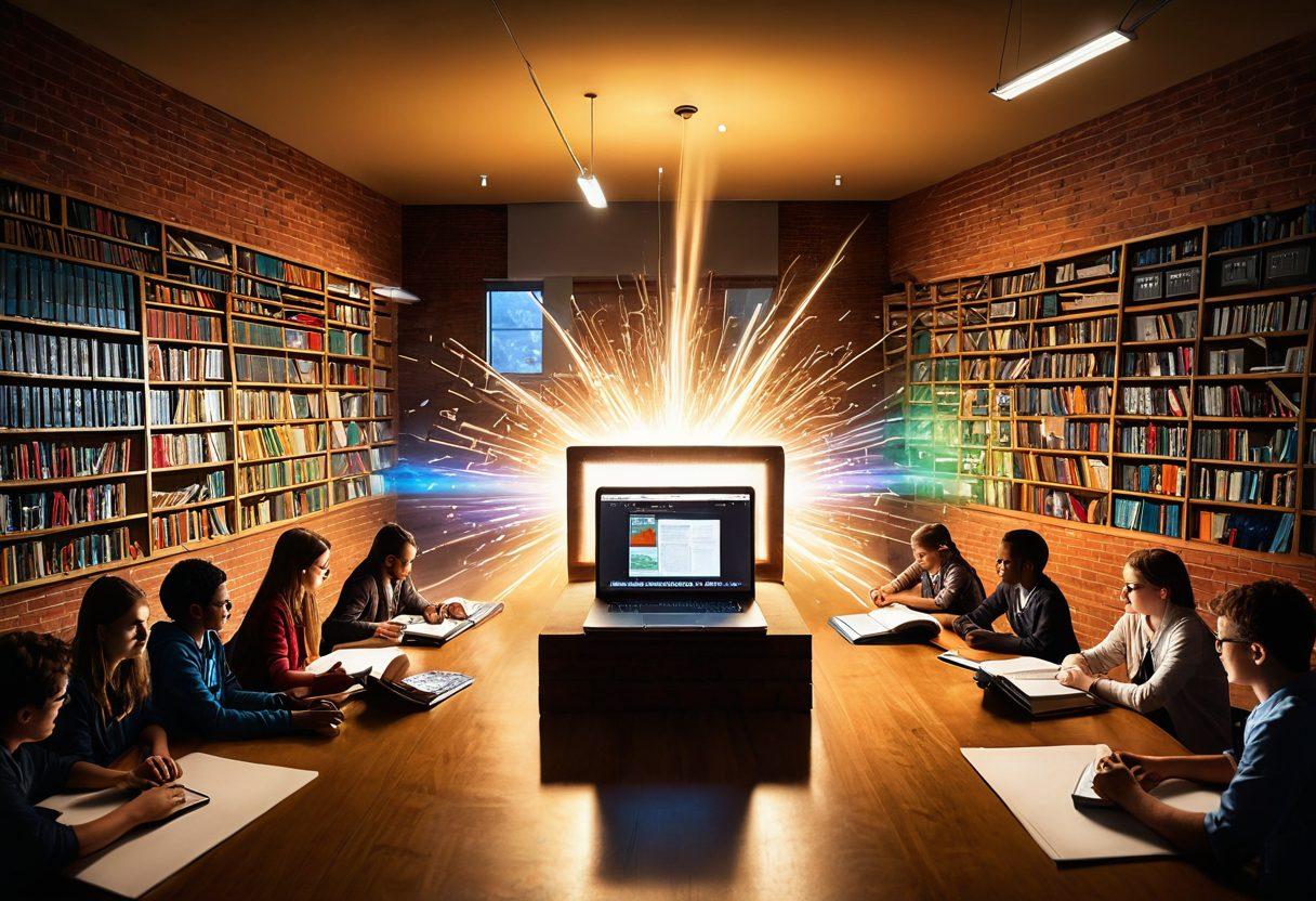 An imaginative brick lock slowly being opened with beams of light pouring out, surrounded by colorful books, laptops, and a community board filled with local announcements. The background features a classroom setting with diverse students engaging with educational resources. The scene conveys a sense of empowerment and knowledge sharing. vibrant colors. super-realistic. warm lighting.