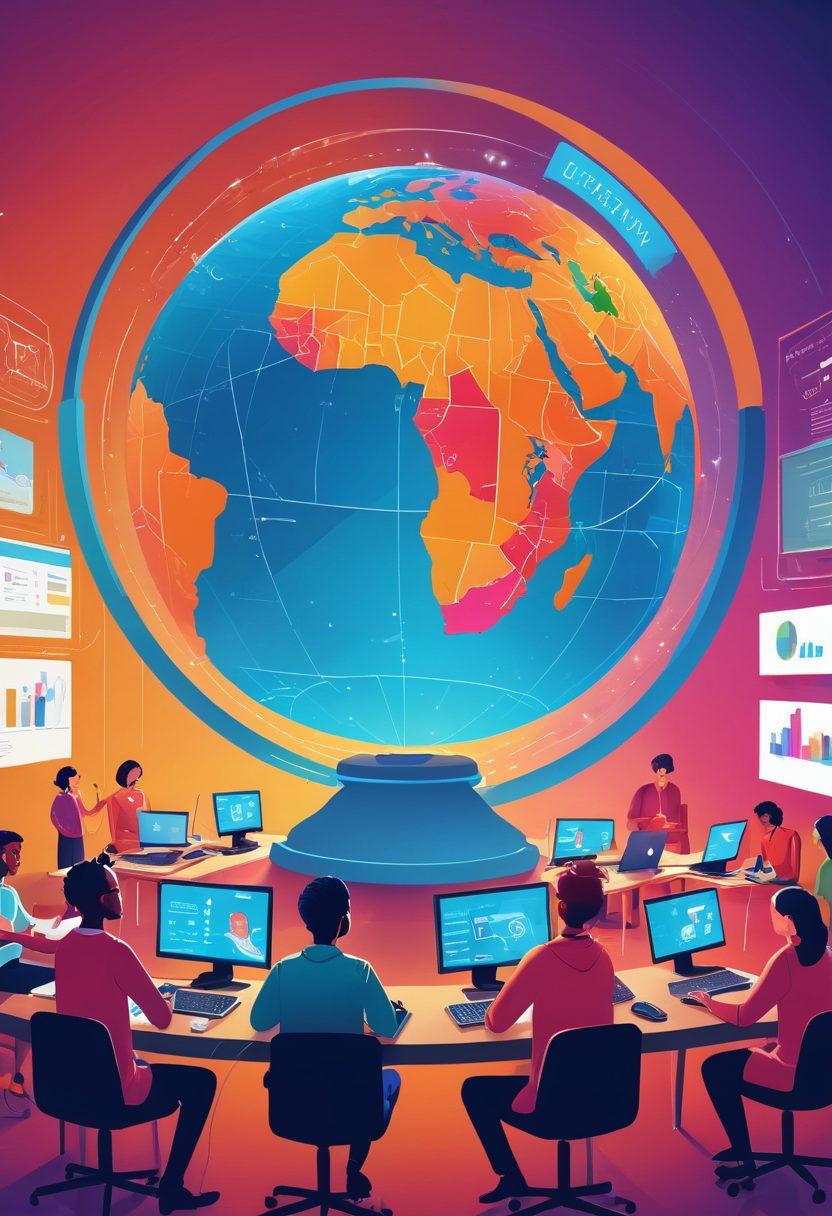 A vibrant and inviting illustration of a digital hub featuring diverse students engaged in discussions, surrounded by books and technology, symbolizing the fusion of education and community. Incorporate elements like a globe, educational charts, and a news ticker in the background to represent global insights and local news. The scene should convey warmth, collaboration, and knowledge sharing. vibrant colors. vector art.